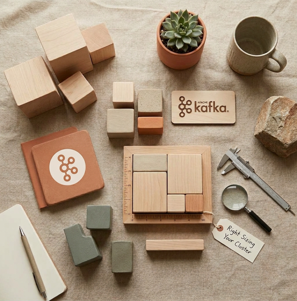 Wooden blocks arranged in a measuring frame with a ruler, caliper, and magnifying glass alongside an Apache Kafka sign — representing right sizing a cluster